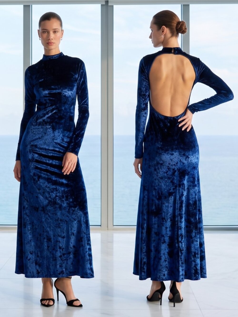 NEW! $372 DELFI Ella Dress blue velvet open back maxi